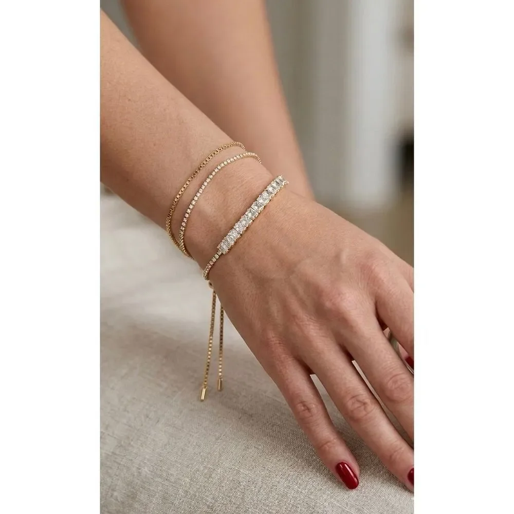 18K Gold Filled Crystal Tennis Bracelet Adjustable Slider Bolo Baguette Sparklin